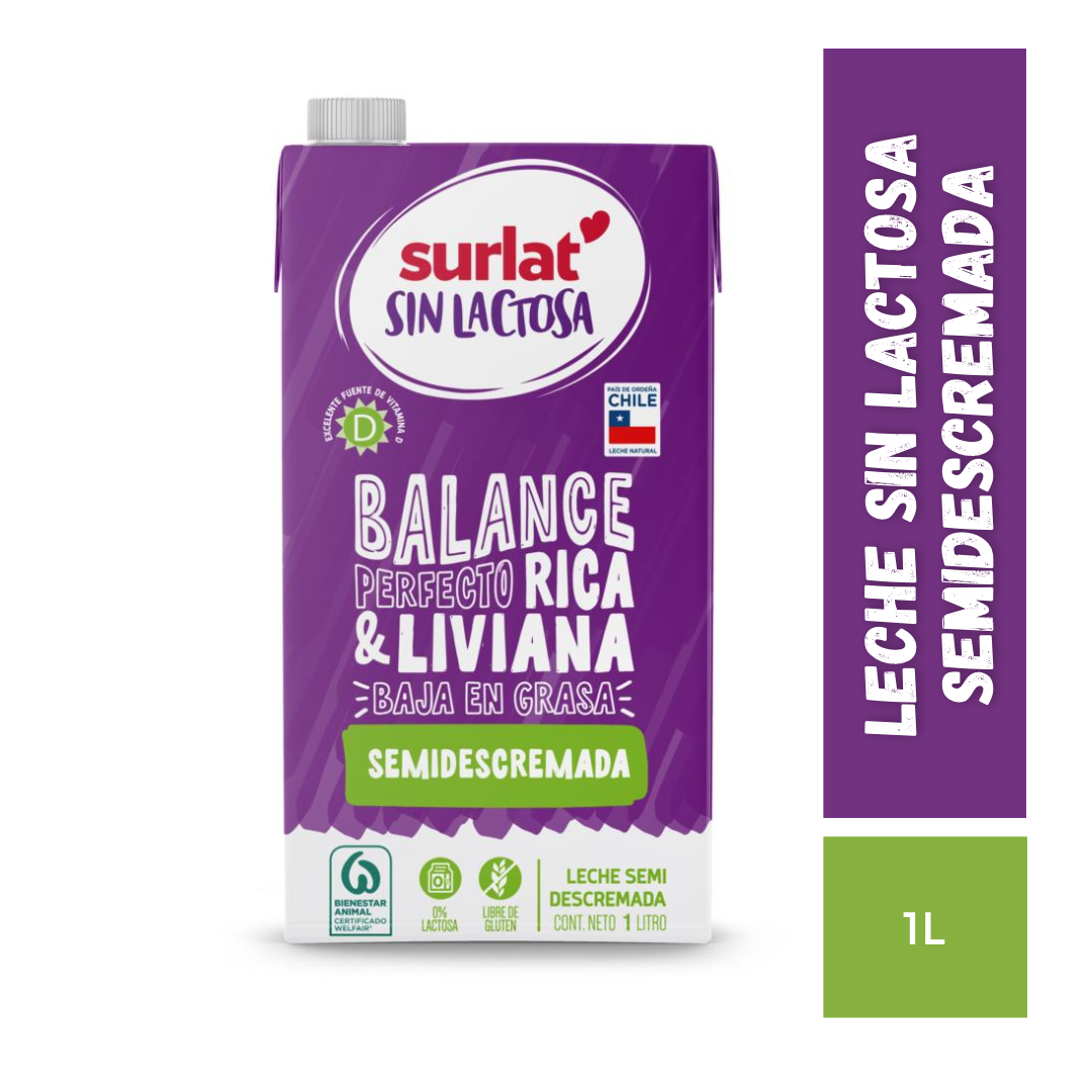 Leche Sin Lactosa Semidescremada Surlat, 1L