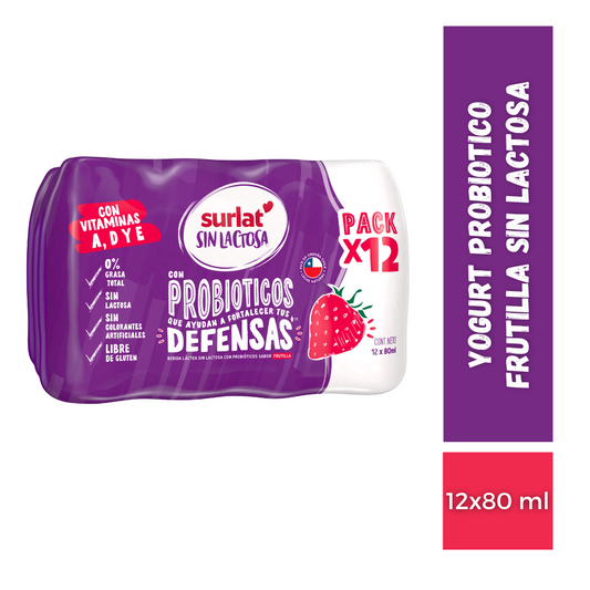 Yogurt Probiotico Frutilla Sin Lactosa Surlat, 12x80ml