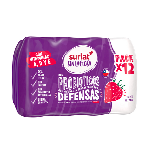Yogurt Probiotico Frutilla Sin Lactosa Surlat, 12x80ml