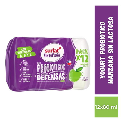 Yogurt Probiotico Manzana Sin Lactosa Surlat, 12x80ml