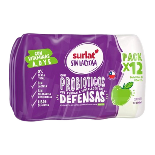 Yogurt Probiotico Manzana Sin Lactosa Surlat, 12x80ml
