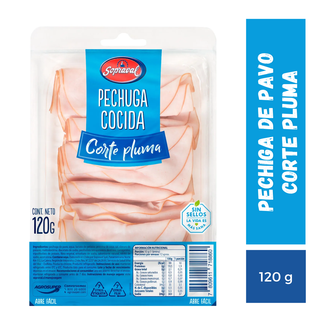 Pechuga de Pavo Cocida Corte Pluma Sopraval, 120g